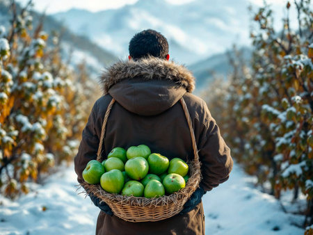 Back view of farmer with cherimoya fruits in sunset-lit orchard fieldの写真素材