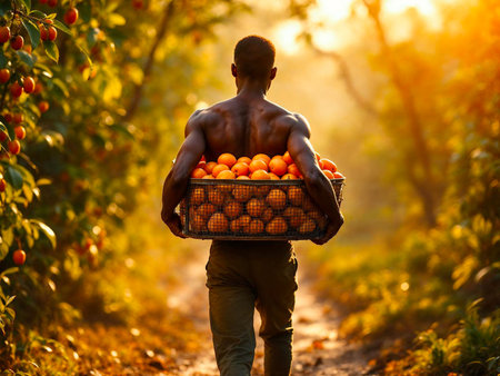 Man Carrying Basket of Granadilla Fruits in Sunset Orchardの写真素材