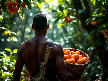 Man Carrying Basket of Granadilla Fruits in Sunset Orchardの写真素材