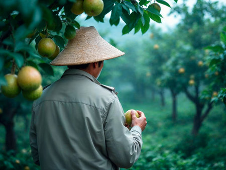 Farmer Picking Guava Fruits in Sunlit Orchardの写真素材