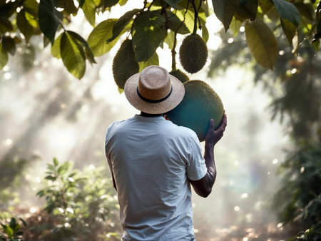 Man picking large ripe jackfruits in tropical orchard during golden afternoon lightの写真素材