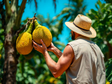 Man picking large ripe jackfruits in tropical orchard during golden afternoon lightの写真素材