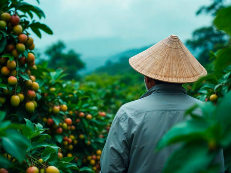 Back view of man harvesting mangosteen fruits from tree on sunny dayの写真素材