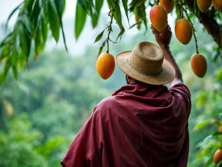Farmer Standing in Mango Orchard During Harvest Season