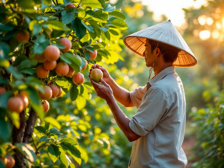 Farmer Picking Guava Fruits in Sunlit Orchardの写真素材