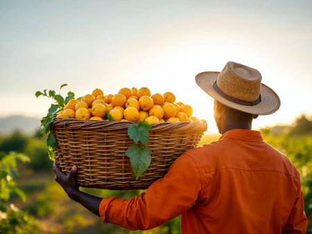 Back view of man with fresh lÃºcuma fruits in flowering orchard at daylightの写真素材