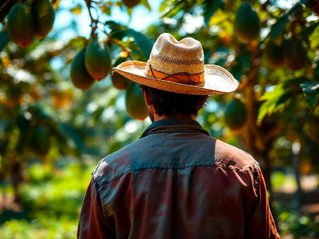 Farmer Harvesting Papayas from Tree in Tropical Orchardの写真素材