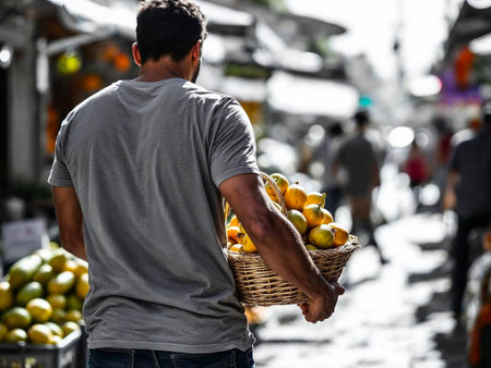 Man Carrying Basket of Fresh Pitanga Fruits in Tropical Forestの写真素材