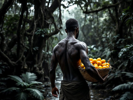 Man Carrying Basket of Fresh Pitanga Fruits in Tropical Forestの写真素材