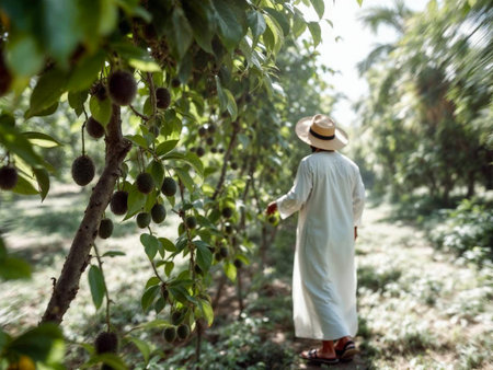 Farmer Walking Through Tropical Fruit Orchardの写真素材