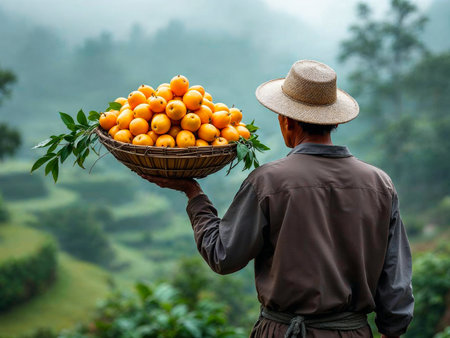 Man Carrying Basket of Fresh Pitanga Fruits in Tropical Forest
