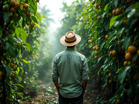 Farmer Walking Through Passion Fruit Orchard on Rainy Day