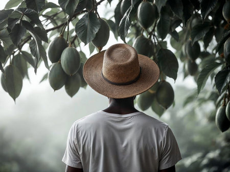 Farmer Harvesting Papayas from Tree in Tropical Orchardの写真素材