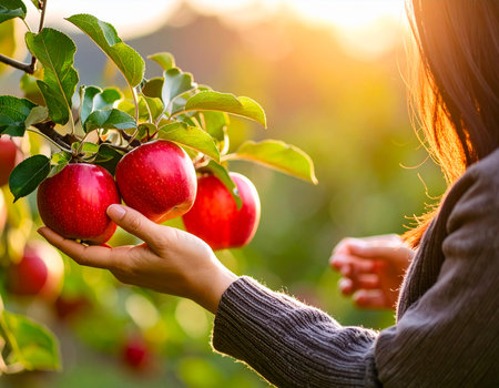 Smiling Farmer Harvesting Fruit on a Sunny Plantationの写真素材