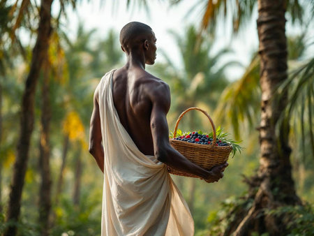 Back view of man carrying aÃ§aÃ­ berries in rainforest during golden rainの写真素材