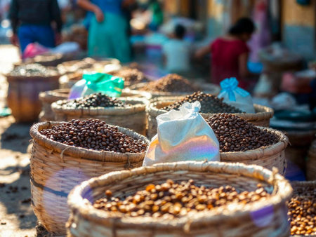 Various coffee beans in wicker baskets on rustic market stall, people in backgroundの写真素材