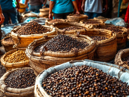 Various coffee beans in wicker baskets on rustic market stall, people in backgroundの写真素材
