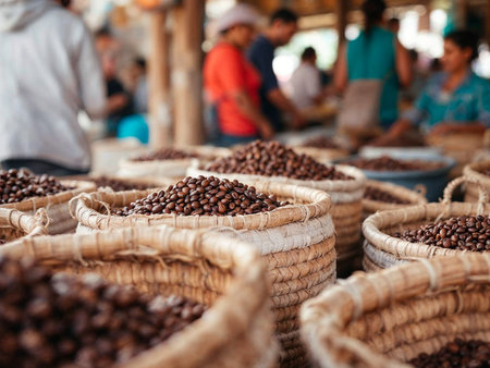Various coffee beans in wicker baskets on rustic market stall, people in backgroundの写真素材