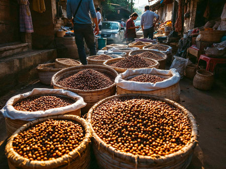 Various coffee beans in wicker baskets on rustic market stall, people in backgroundの写真素材