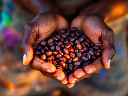 Close-up of hands holding roasted coffee beans on wooden table surfaceの写真素材