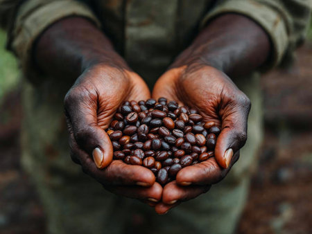 Close-up of hands holding roasted coffee beans on wooden table surfaceの写真素材