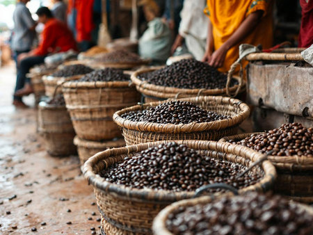 Various coffee beans in wicker baskets on rustic market stall, people in backgroundの写真素材