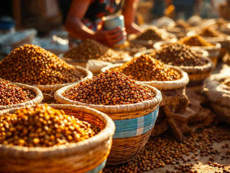 Various coffee beans in wicker baskets on rustic market stall, people in backgroundの写真素材