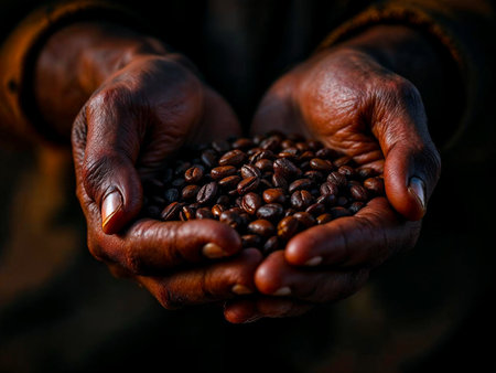 Close-up of hands holding roasted coffee beans on wooden table surfaceの写真素材