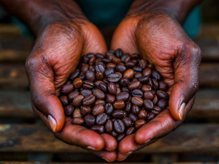 Close-up of hands holding roasted coffee beans on wooden table surface