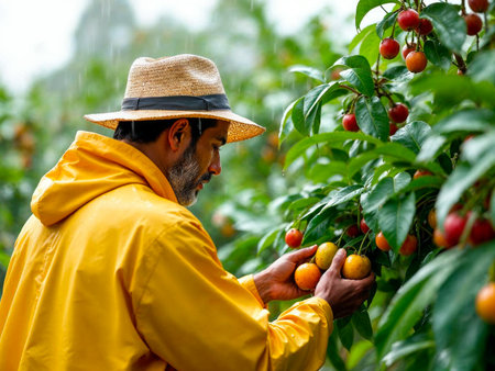 Back view of man harvesting mangosteen fruits from tree on sunny dayの写真素材