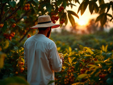 Back view of man harvesting mangosteen fruits from tree on sunny dayの写真素材