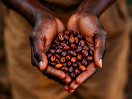Close-up of hands holding roasted coffee beans on wooden table surfaceの写真素材