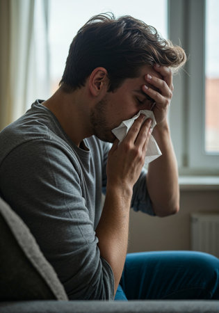 Man suffering from allergic rhinitis blowing his nose with tissue indoors