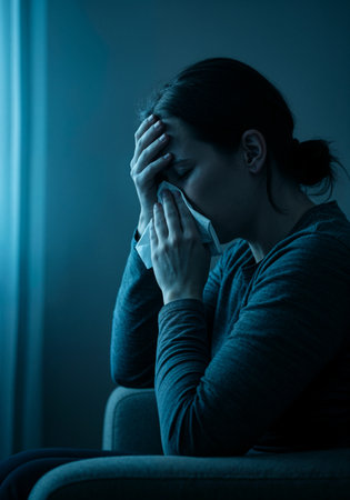 Woman suffering from allergic rhinitis blowing her nose with tissue indoorsの写真素材