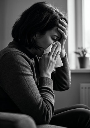 Woman suffering from allergic rhinitis blowing her nose with tissue indoorsの写真素材