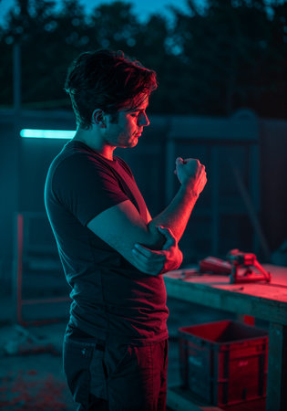 Arm tendon inflammation in male anatomy showing tendinitis of forearm musclesの写真素材