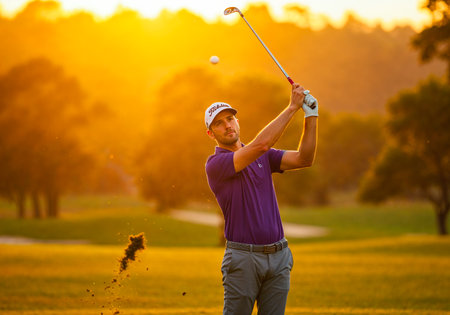 Golfer in mid-swing hitting ball on lush golf course