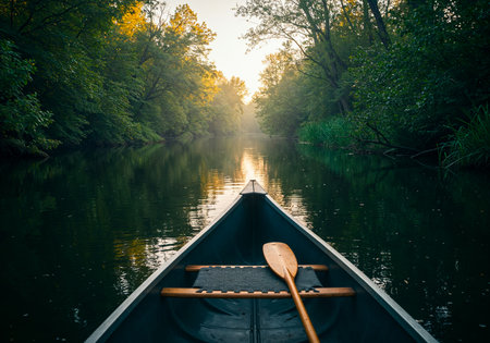 Wooden canoes floating along calm forest river surrounded by lush greenery at duskの写真素材