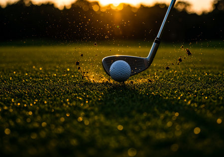 Dynamic close-up of golf iron striking the ball with dirt and grass flying on impact