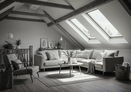 Cozy Attic Living Room with Scandinavian Decor and Natural Lightの写真素材