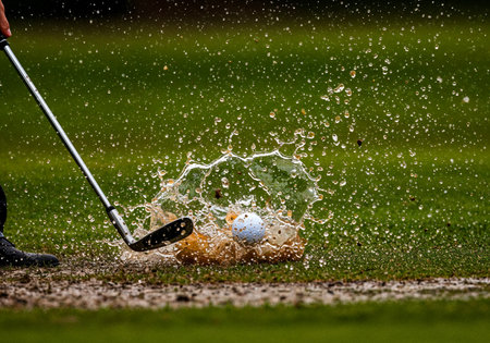 Dynamic close-up of golf iron striking the ball with dirt and grass flying on impact