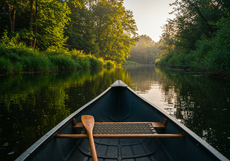 Wooden canoes floating along calm forest river surrounded by lush greenery at duskの写真素材