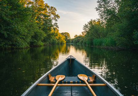 Wooden canoes floating along calm forest river surrounded by lush greenery at dusk