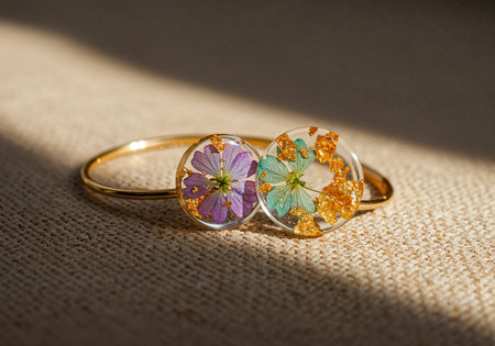 Close-up of teardrop resin earrings with real autumn leaves and sparkling gold glitterの写真素材