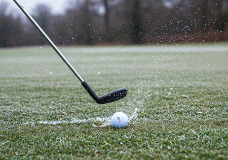 Dynamic close-up of golf iron striking the ball with dirt and grass flying on impactの写真素材