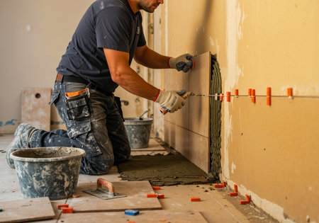 Construction worker laying ceramic tiles on a wall using adhesive and spacers during renovationの写真素材