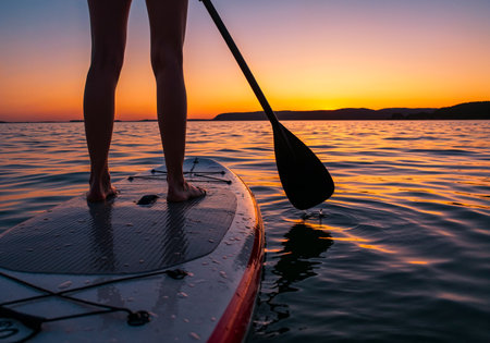 Silhouette of paddleboarder on tranquil water during vibrant sunset, feet on the SUP boardの写真素材