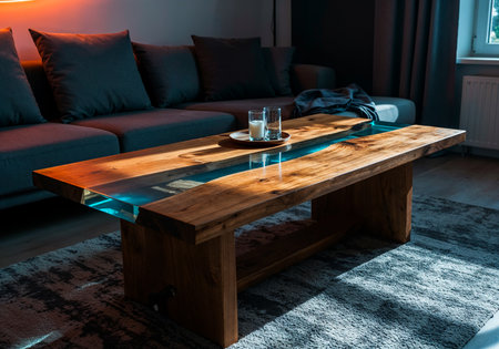 Stylish coffee table with natural wood and turquoise epoxy resin center in a modern interiorの写真素材