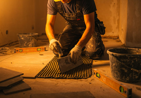 Construction worker laying ceramic tiles on a wall using adhesive and spacers during renovationの写真素材