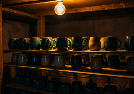 Vintage Hand-Painted Ceramic Mugs on Wooden Shelf in Sunlightの写真素材